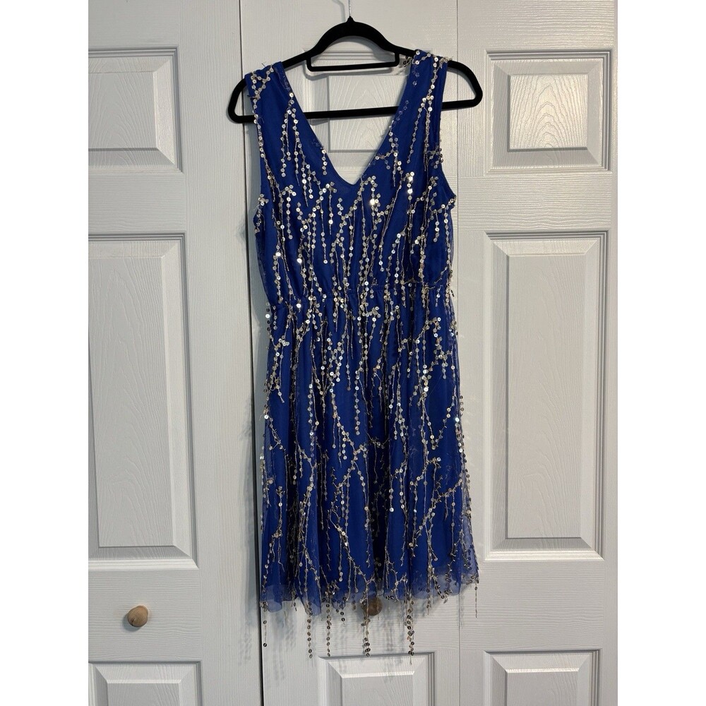 NWT Southern Fried Chics Sequin Fringe Mini Dress Womens XL Royal Blue Gold